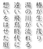 椿が生い茂り 湯の川が流れる 遠い飛鳥時代に 想いをはせた庭